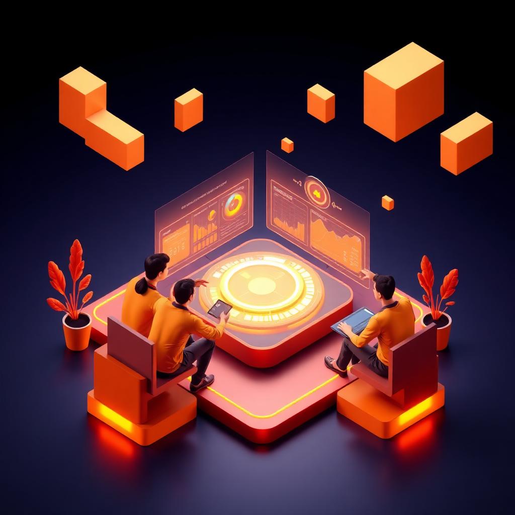 Squaretrix team collaborating around a glowing dashboard