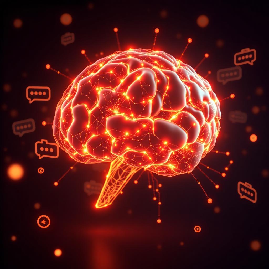 Glowing AI neural brain with floating chat bubbles