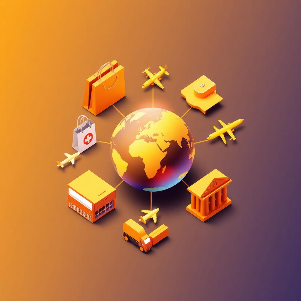 Industry icons orbiting a glowing globe