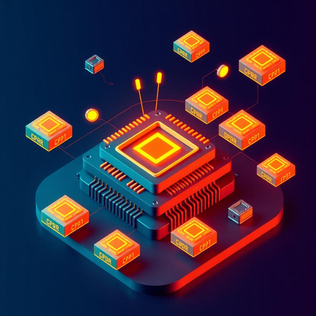 Glowing CPU surrounded by tech stack chips